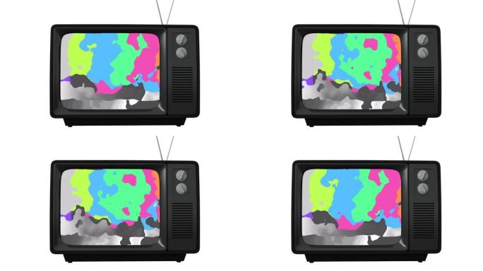 复古电视机的动画，屏幕上有扭曲的彩条，白色背景