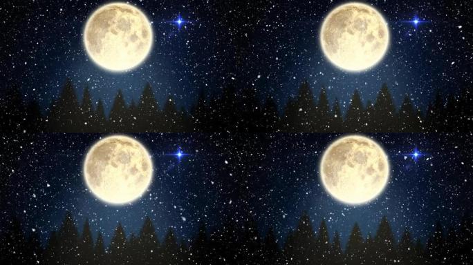 雪花飘落在月亮上的动画和带有枞树的冬季风景