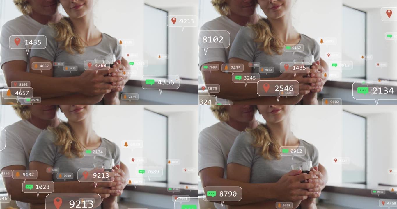 社交媒体图标在阳台上拥抱爱情的高加索夫妇横幅上的动画