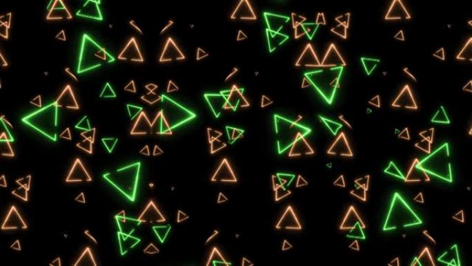 橙色绿色三角光抽象在黑屏上漂浮和旋转