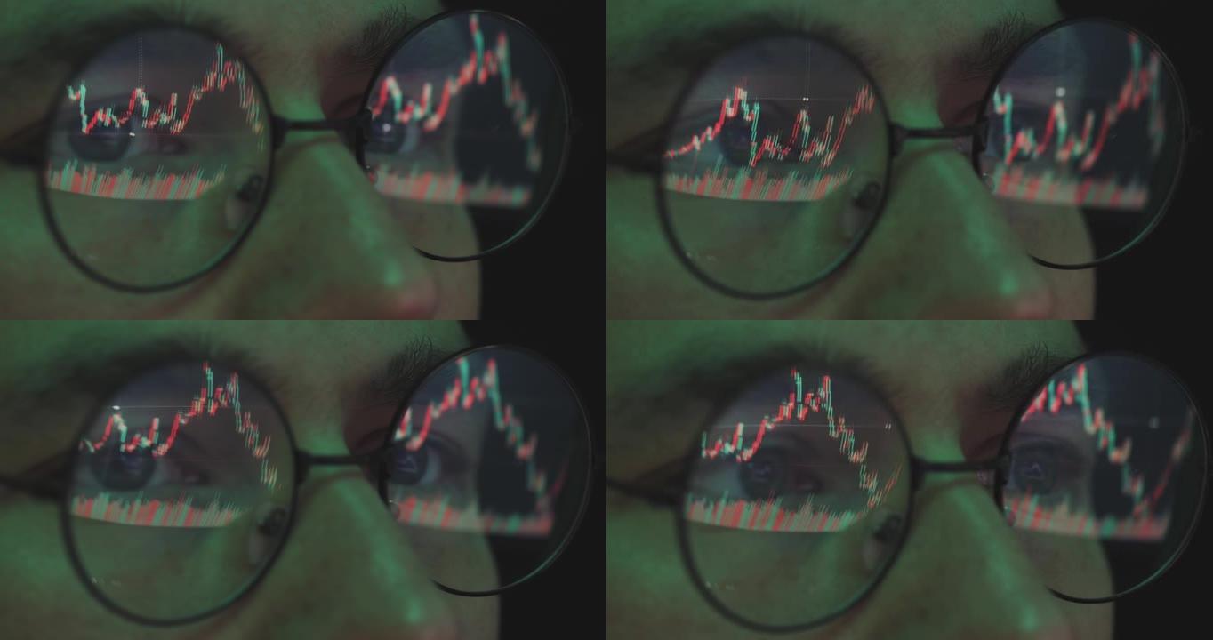 股市交易员看着股价图，眼镜男经纪人分析率，近景。