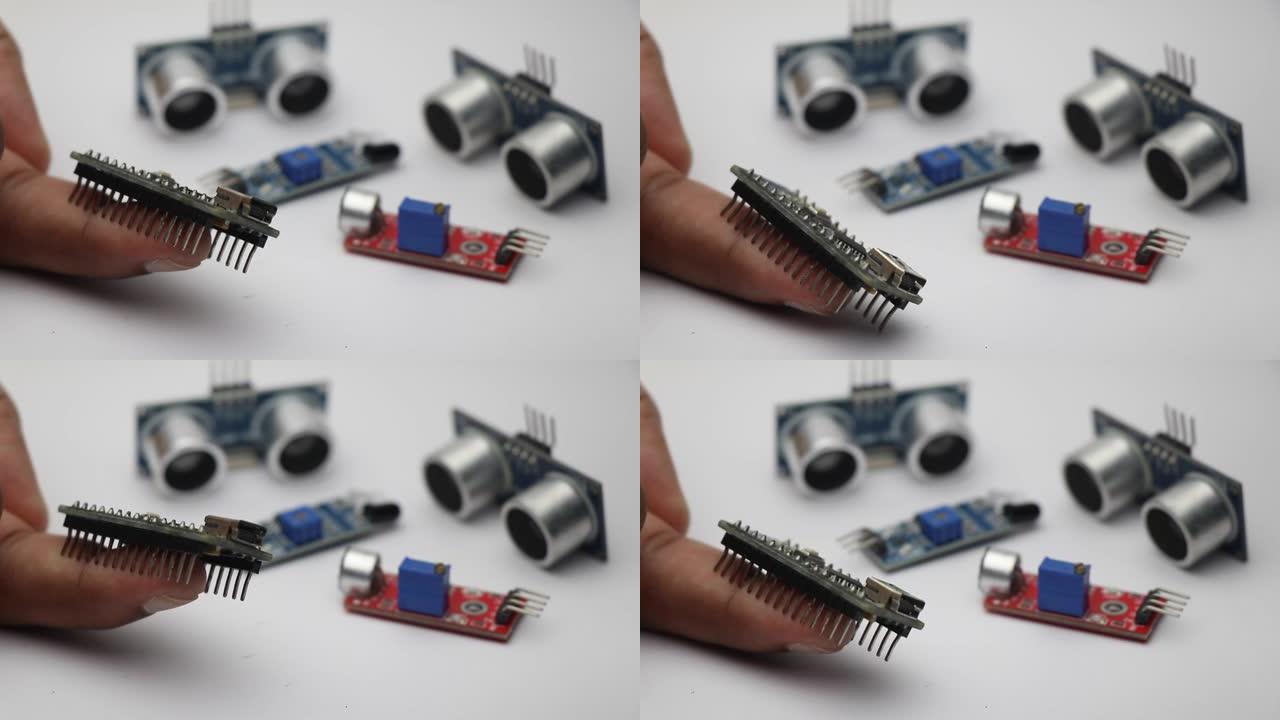 可编程并控制其他电子传感器模块的微控制器板的侧视图