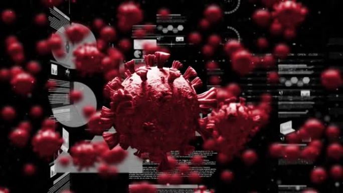 具有数据处理功能的多个新型冠状病毒肺炎单元在多个屏幕上浮动的数字动画