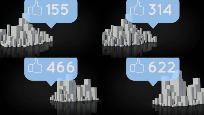 像蓝色语音气泡上数字不断增加的图标，黑色背景上的3d城市模型