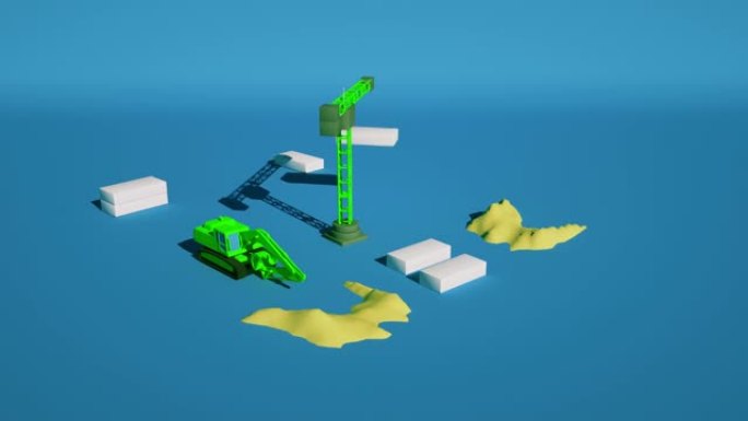 3D动画塔式起重机和挖掘机在施工现场工作。循环动画。