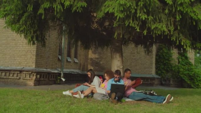 一群学生在户外使用小玩意学习，坐在树下