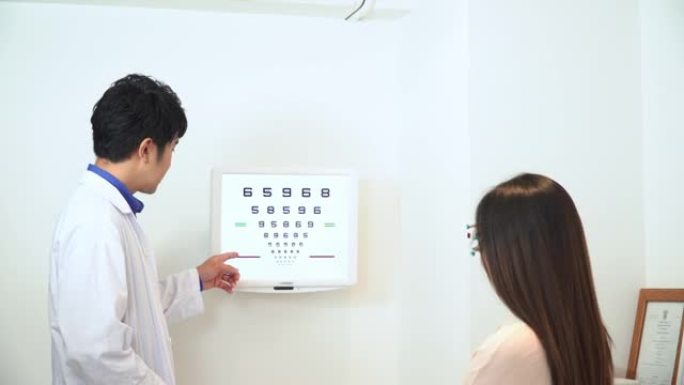 验光师办公室，男人在视力表上指出，Snellen图表，亚洲年轻女子戴着可调节的瞳孔间距离试验框架，以