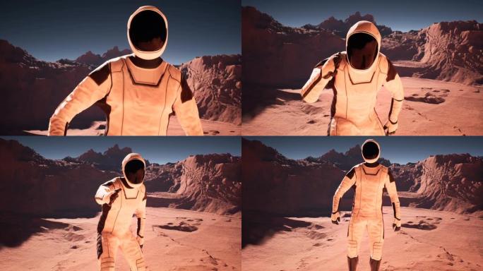 宇航员很高兴能在火星上，并竖起大拇指。宇航员火星殖民和探索火星。该动画是为未来派，科幻或太空旅行而设