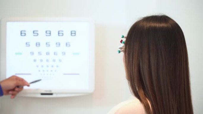 验光师办公室，医生的手在视力表，Snellen图表上指出，亚洲年轻女子的后视图穿着可调节的瞳孔间距离