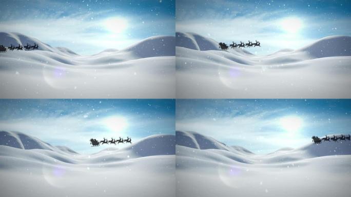 圣诞老人在雪橇上的动画，驯鹿在下雪的冬天风景中经过