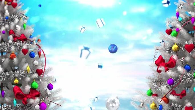 两棵装饰圣诞树的动画，蓝天上飘落的雪花，礼物和小玩意