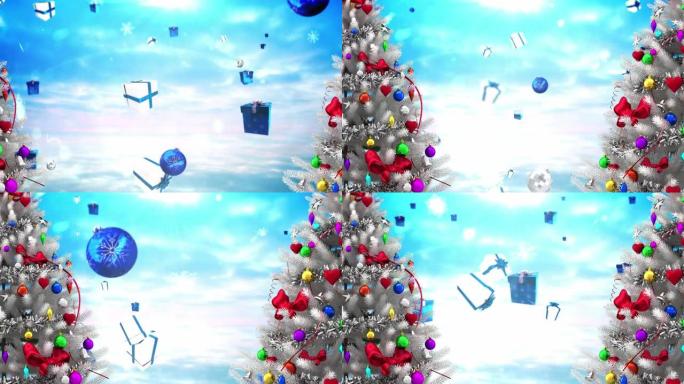 两棵装饰圣诞树的动画，蓝天上飘落的雪花，礼物和小玩意