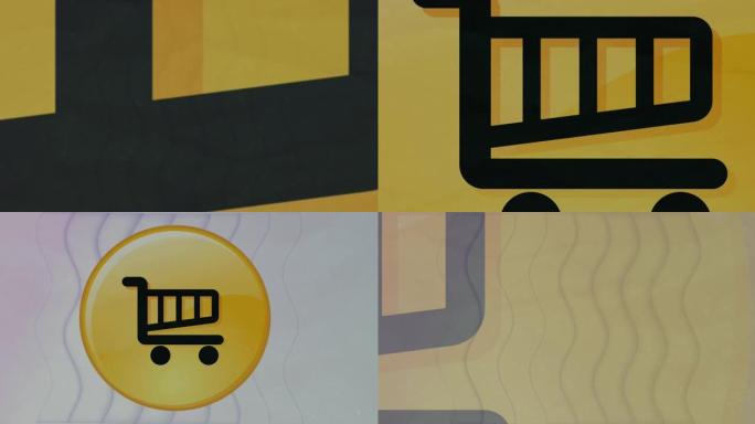 白色背景上同心波浪上黄色横幅上购物车图标的数字动画