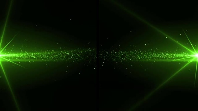 黑色上发光的绿光能量粒子从左右移动到中心的动画