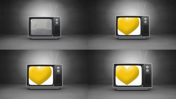 灰色背景下电视屏幕上黄色心脏图标的数字动画