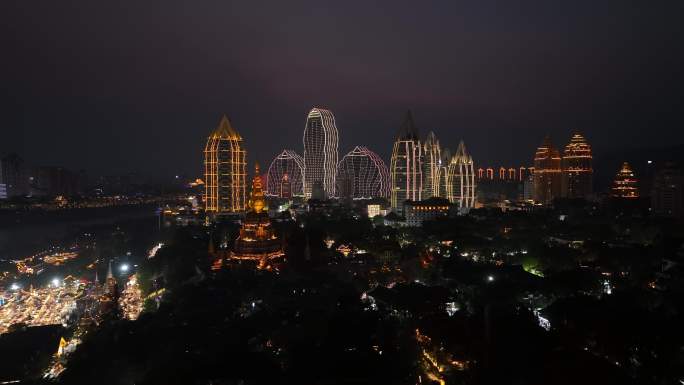 西双版纳告庄夜景航拍4k