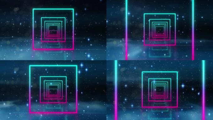 彩色霓虹灯方块的数字动画，在无缝运动和黑色背景上闪亮的星星