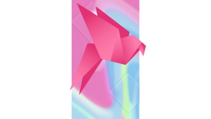 粉红色折纸鸟的动画，在垂直屏幕上，白色背景上带有柔和的漩涡