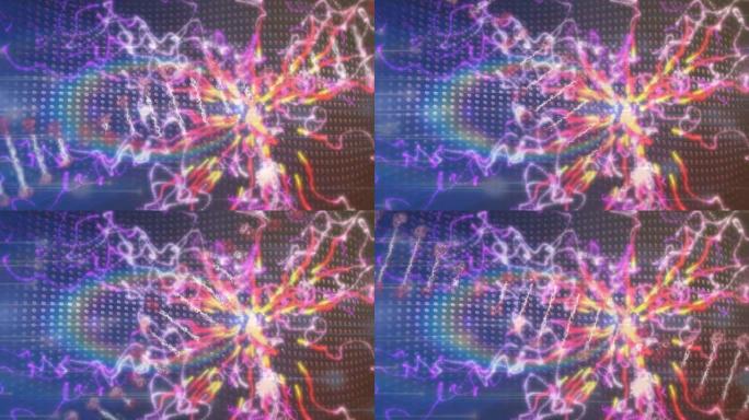 旋转的dna链，发光的七彩灯和能量波的动画