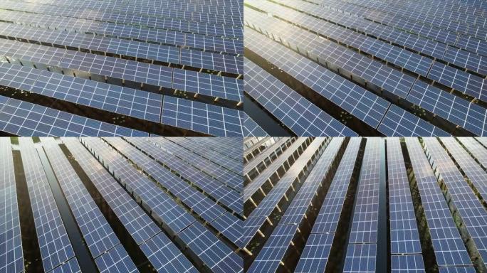 太阳能农场的空中俯视图，带有用于产生可再生电力的阳光电池。节能和替代电源的概念