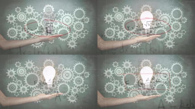 灯泡在人的手与多个设置图标和数学方程式浮动