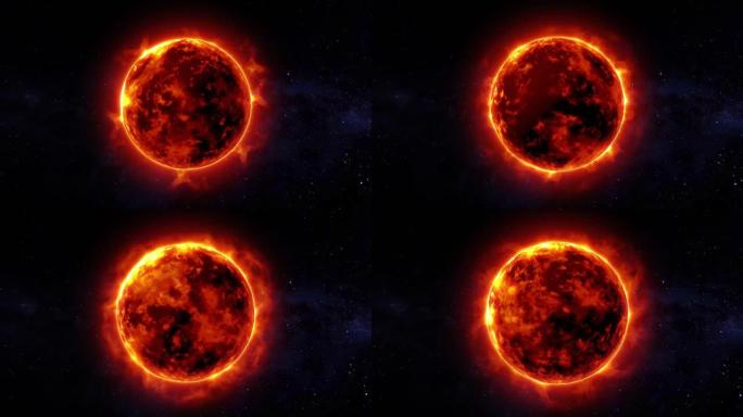 太空中的4k太阳。在太空中的热变形太阳上燃烧火