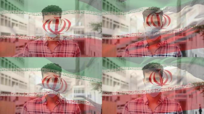 伊朗国旗在戴着口罩的男子上挥舞的动画