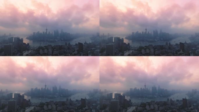 上海陆家嘴航拍云雾平流雾朝霞日出