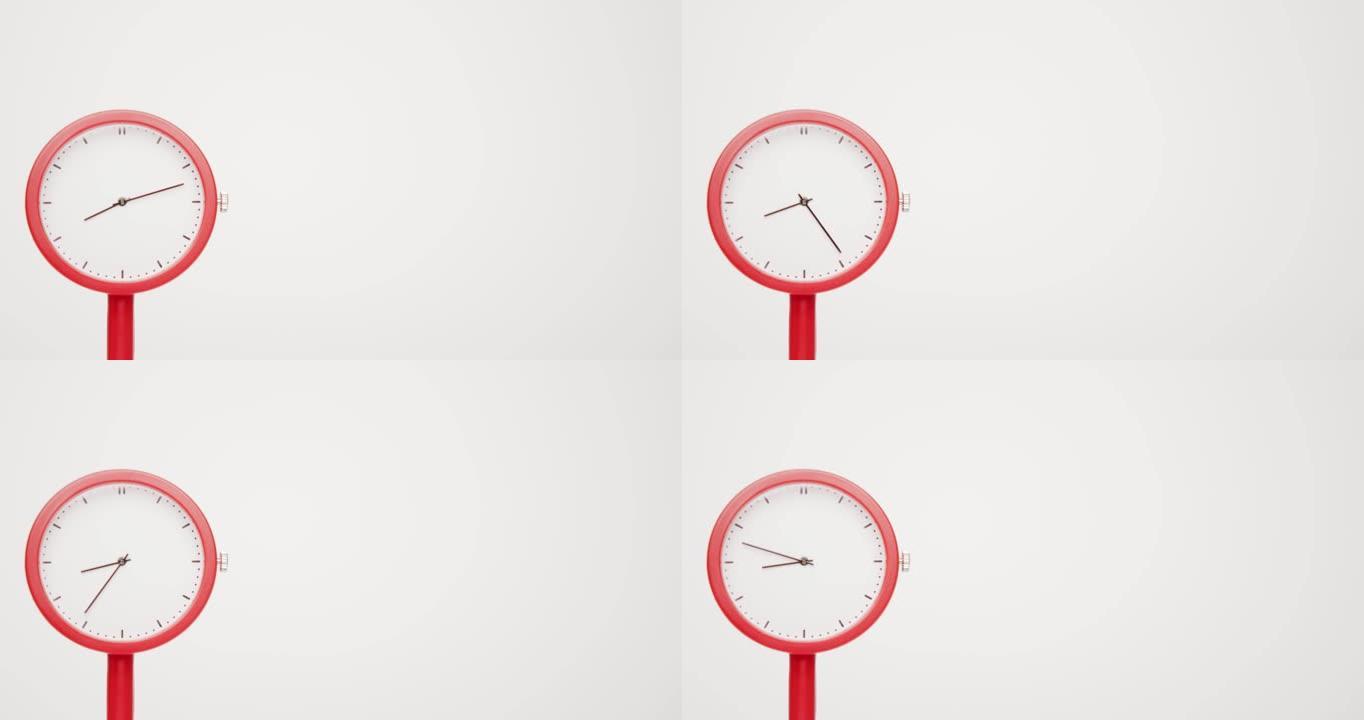简单的红色时钟，表盘不显示数字。时间从8点开始。