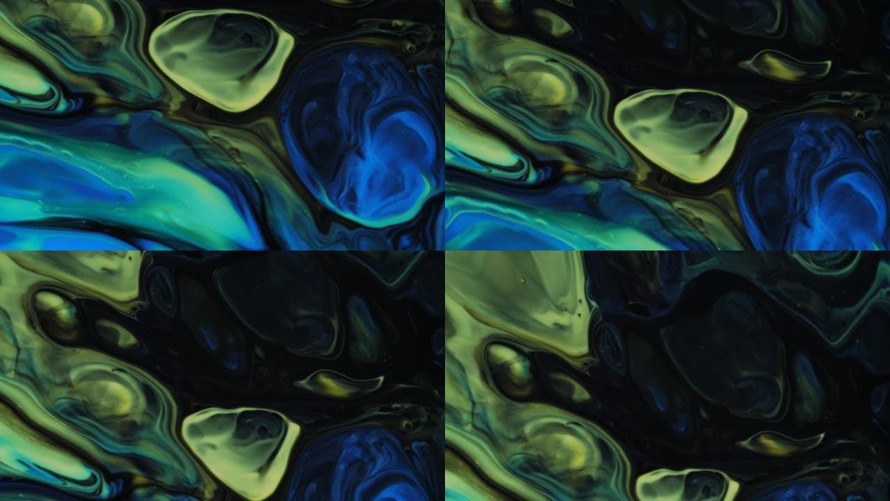 细胞结构。蓝色背景图像。油漆从画布上滴下来。液体油漆污渍。软过渡。抽象艺术背景过渡屏保。
