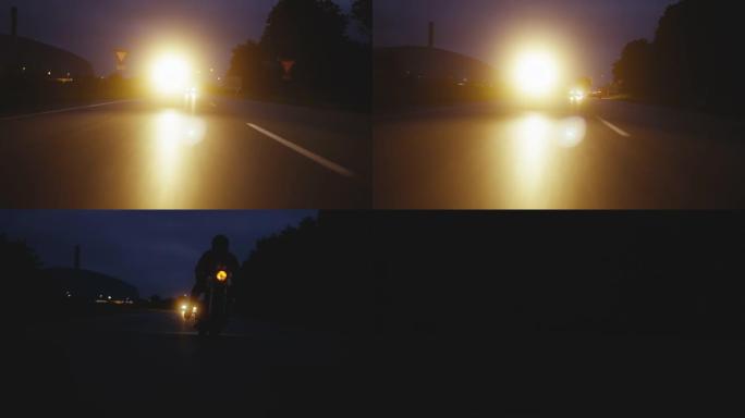 在黑暗的天空下，在黑暗的道路上闪闪发光的前灯摩托车