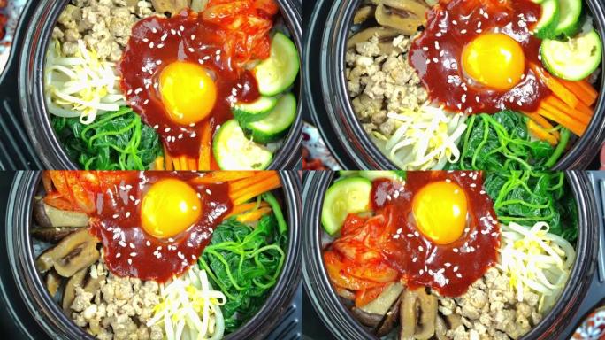 拌饭配肉和什锦蔬菜，韩国辣沙拉配米饭传统的韩国食物，4k分辨率