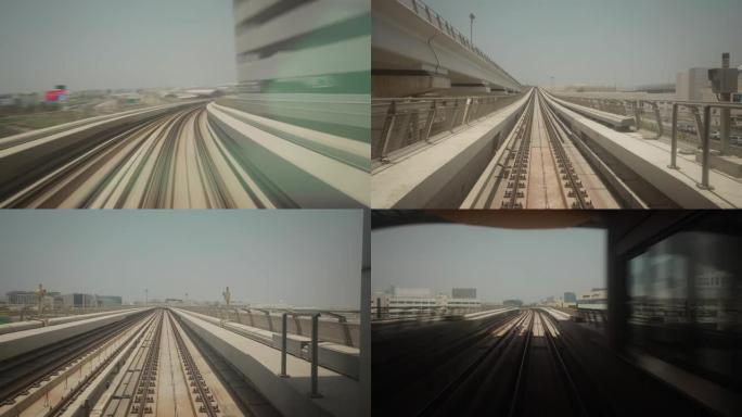 阿拉伯联合酋长国迪拜的地铁。FPV POV高速驾驶运动。阿联酋未来城市天际线。长时间曝光延时，延时，