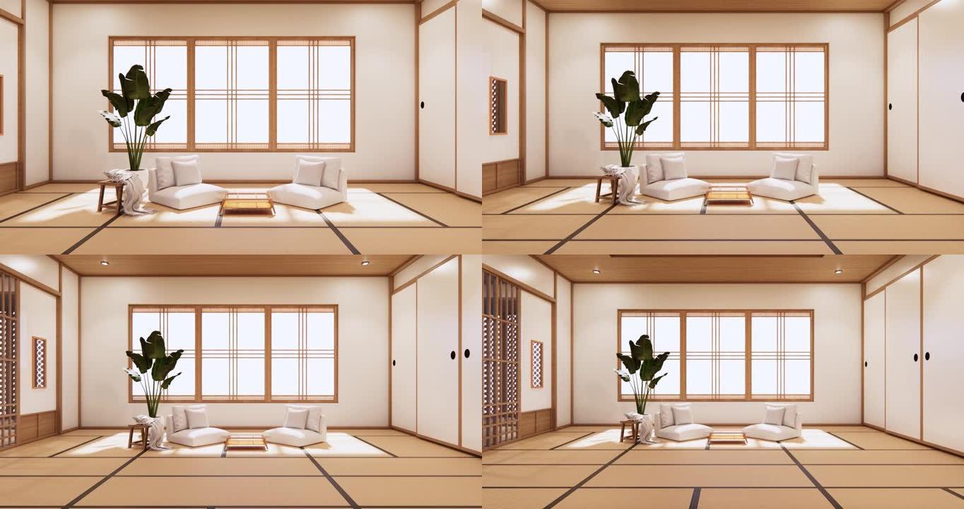 带简约风格白色热带风格沙发的客厅，木纹地板。3D渲染