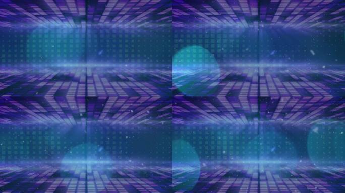 雪花和蓝色散景在发光的紫色和蓝色方块上的动画