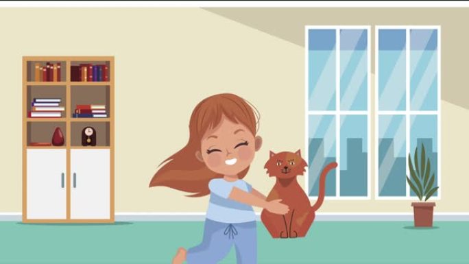小女孩举起猫动画