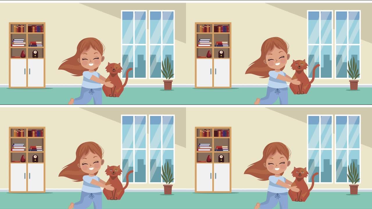 小女孩举起猫动画