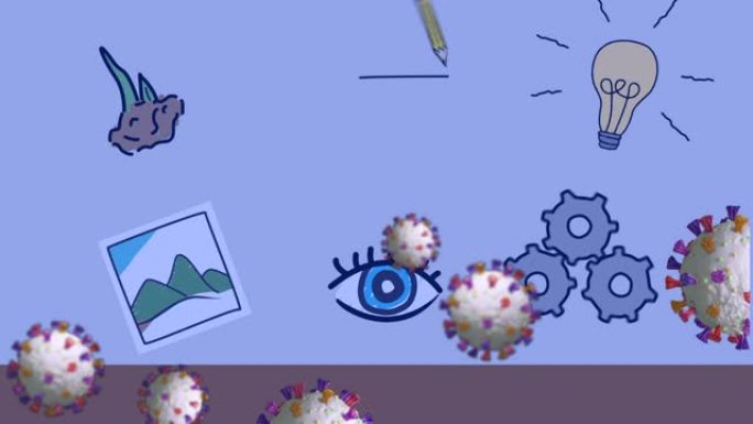 蓝色背景上漂浮在图标上的covid 19细胞动画