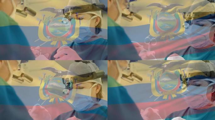 厄瓜多尔国旗在口罩上挥舞着外科医生的动画