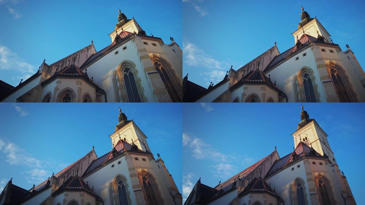 萨格勒布上城圣马克广场上的圣马克教堂，称为Gornij Grad-萨格勒布的历史部分，带有中年房屋和