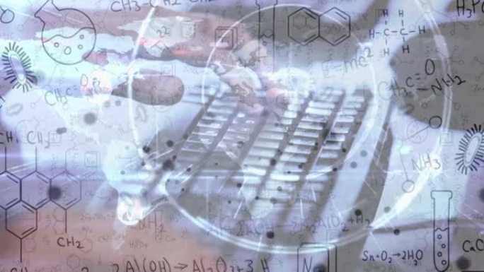 在键盘上打字的手的连接网络和数学方程式的动画