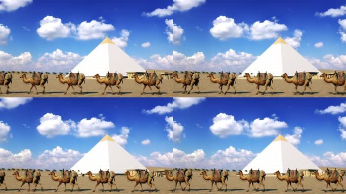 卡通骆驼商队穿越沙漠，靠近古埃及的胡夫大金字塔。