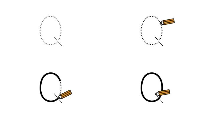 英语字母表写作教程。用隔离在白色背景上的铅笔跟踪字母Q。儿童动画字母样本字母Q的顺序书写