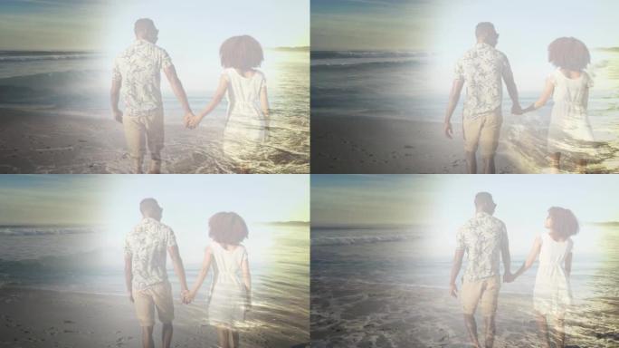 非裔美国人夫妇在海上海滩上牵手的动画