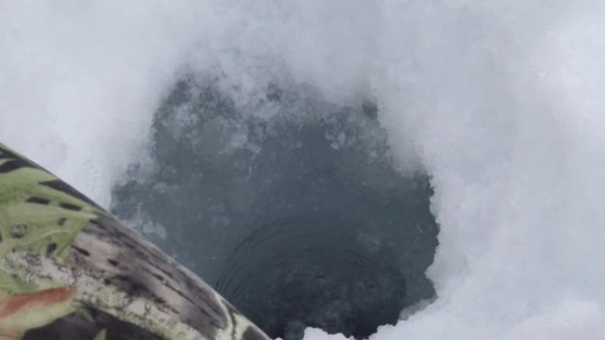 冬季冰钓，鲈鱼渔夫在冰上捕捞。选择性聚焦