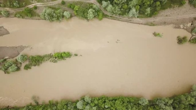鸟瞰图宽阔的肮脏的河流与泥泞的水在洪水期间在暴雨的春天。