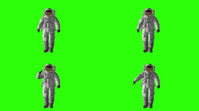 月球宇航员在绿屏上敬礼。