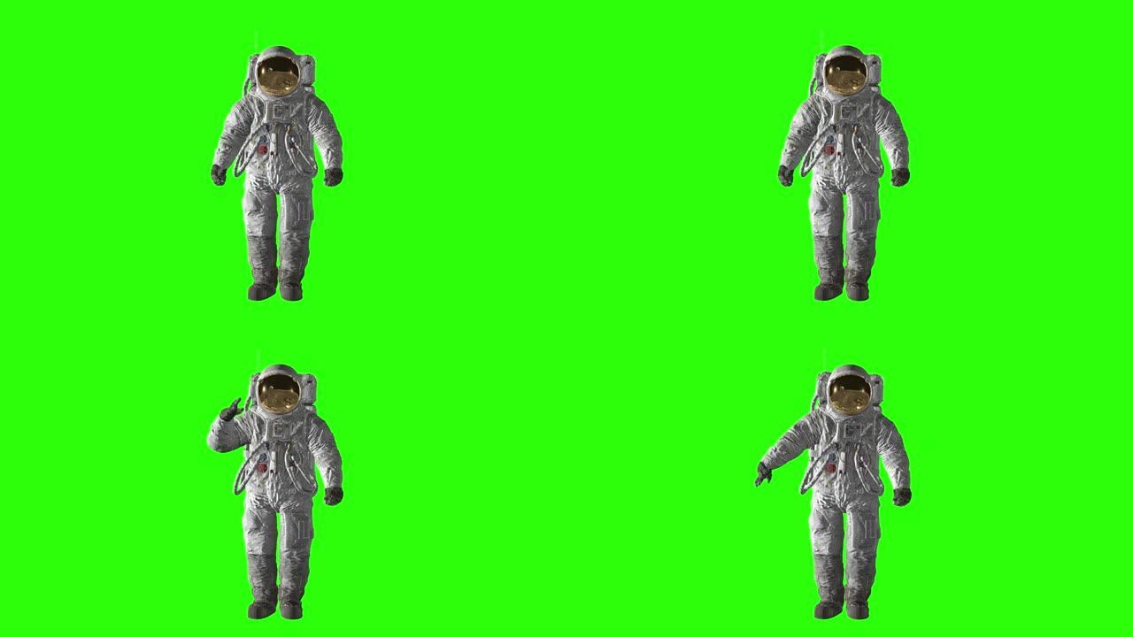 月球宇航员在绿屏上敬礼。