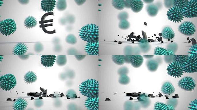 欧元货币符号上的多个新型冠状病毒肺炎单元格在灰色背景下下降和断裂