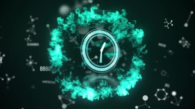 时钟的动画，带有蓝色烟雾爆炸，黑色背景上的连接和数据处理
